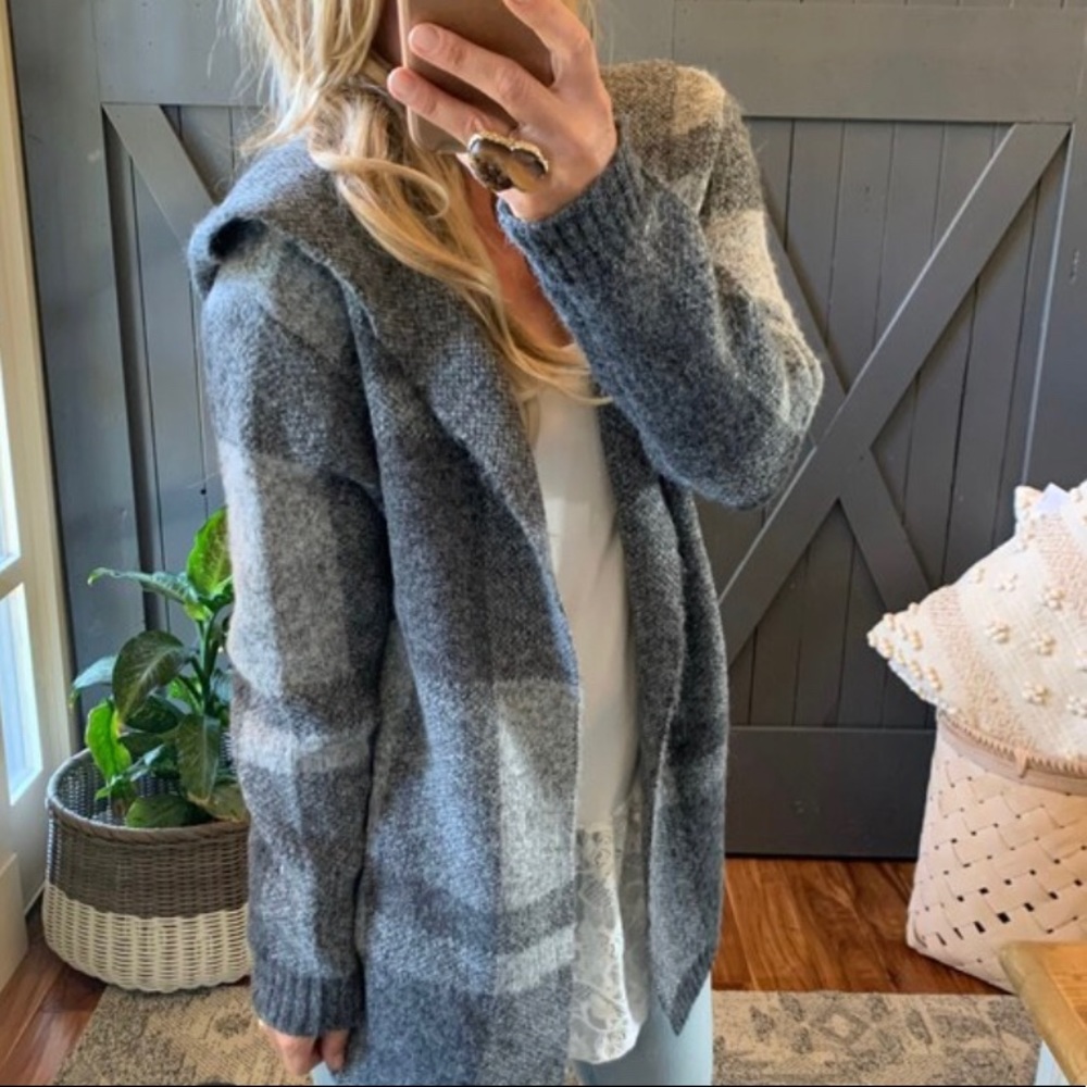 New Hooded Cardigan Sweater Coat Shacket Jacket Grey Vtg Western Boho - Picture 7 of 9